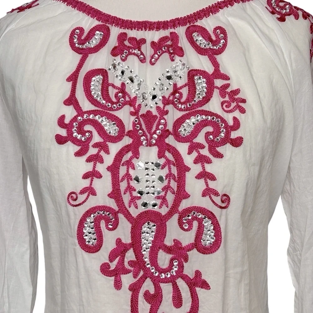CHICO'S Anelle Blouse 3/4 sleeves Embroidered Embellished White Fuchsia Like new - Picture 8 of 16